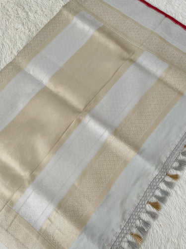 Banarasi Kora Tissue Organza Silk Saree | Off white (Silver) | Gold & Silver Zari | Handwoven | Ships from California